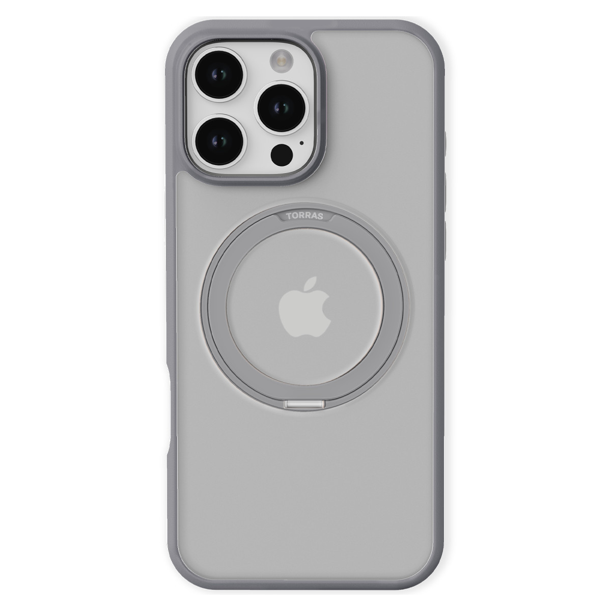 Üçlü kameralı ve arkasında dairesel manyetik halka bulunan bir iPhone üzerinde gri akıllı telefon kılıfı.