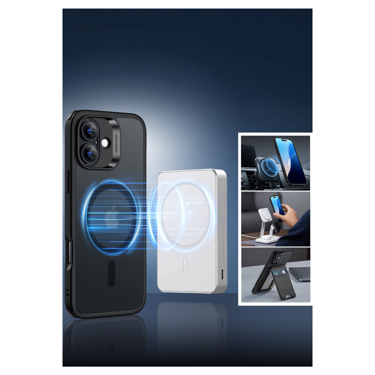 Siyah telefon kılıfı ve mavi ışık efektli gümüş renkli powerbank, sağda kullanım örnekleriyle birlikte.