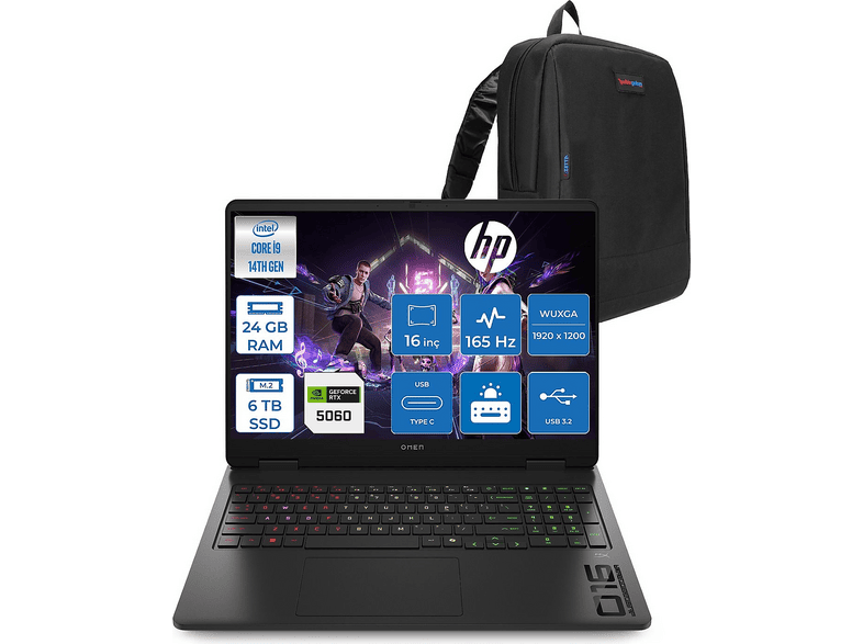 HP Omen DDR5 8 GB/RTX5060 WBQ3Q8EAF11 Intel Core i9-14900HX 24 GB RAM 6 TB SSD 16 inç FreeDOS Laptop+Çanta Gölge Siyahı