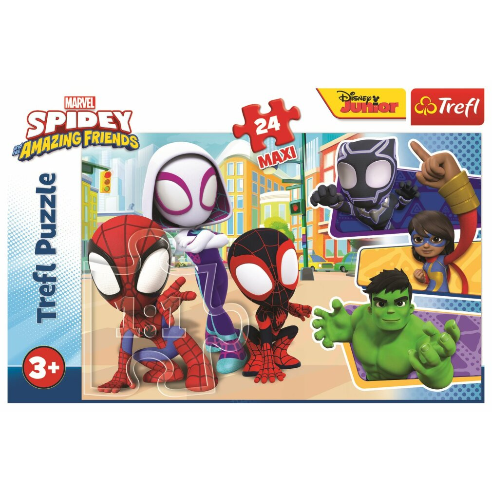 Une boîte de puzzle Spidey et ses Amis Extraordinaires avec Spider-Man, Ghost-Spider, Miles Morales et d'autres.