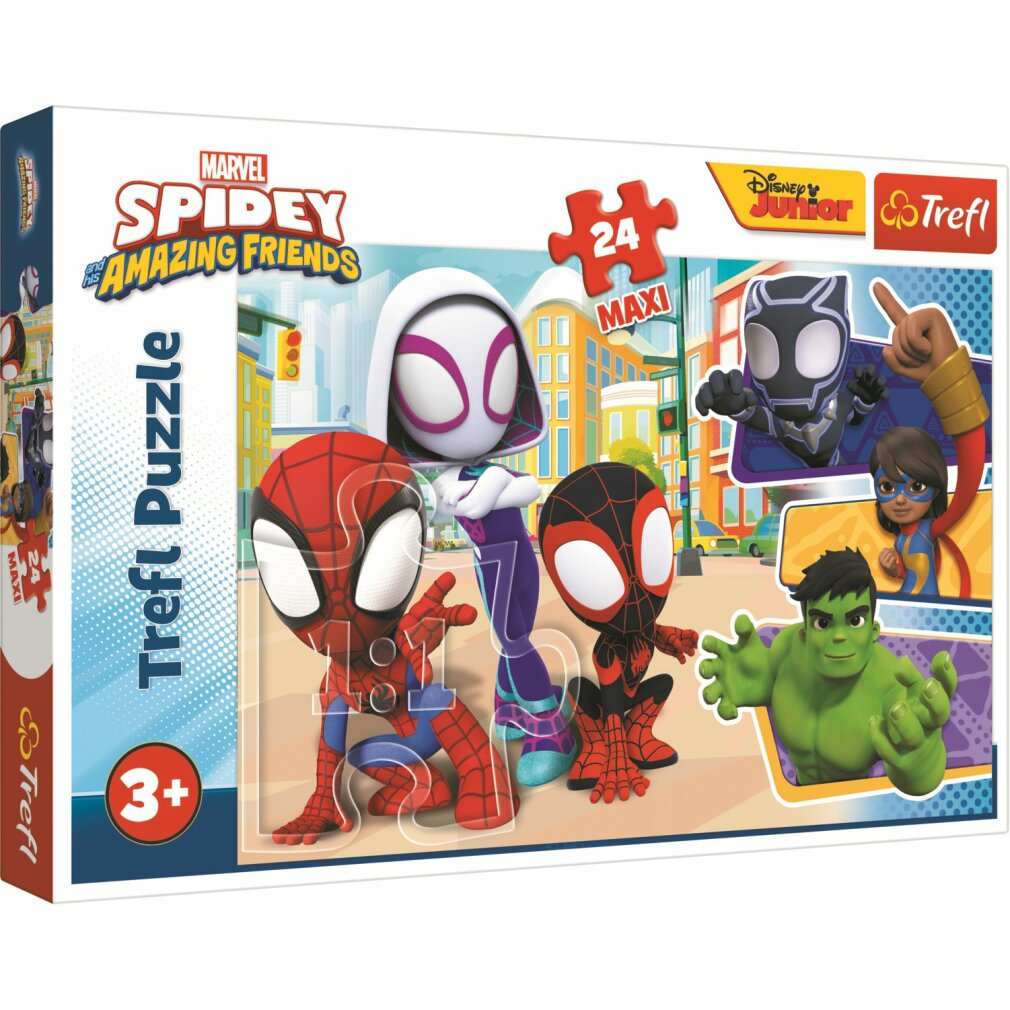 Boîte de puzzle de 24 pièces Marvel Spidey et ses amis avec des personnages pour les enfants de 3 ans et plus.