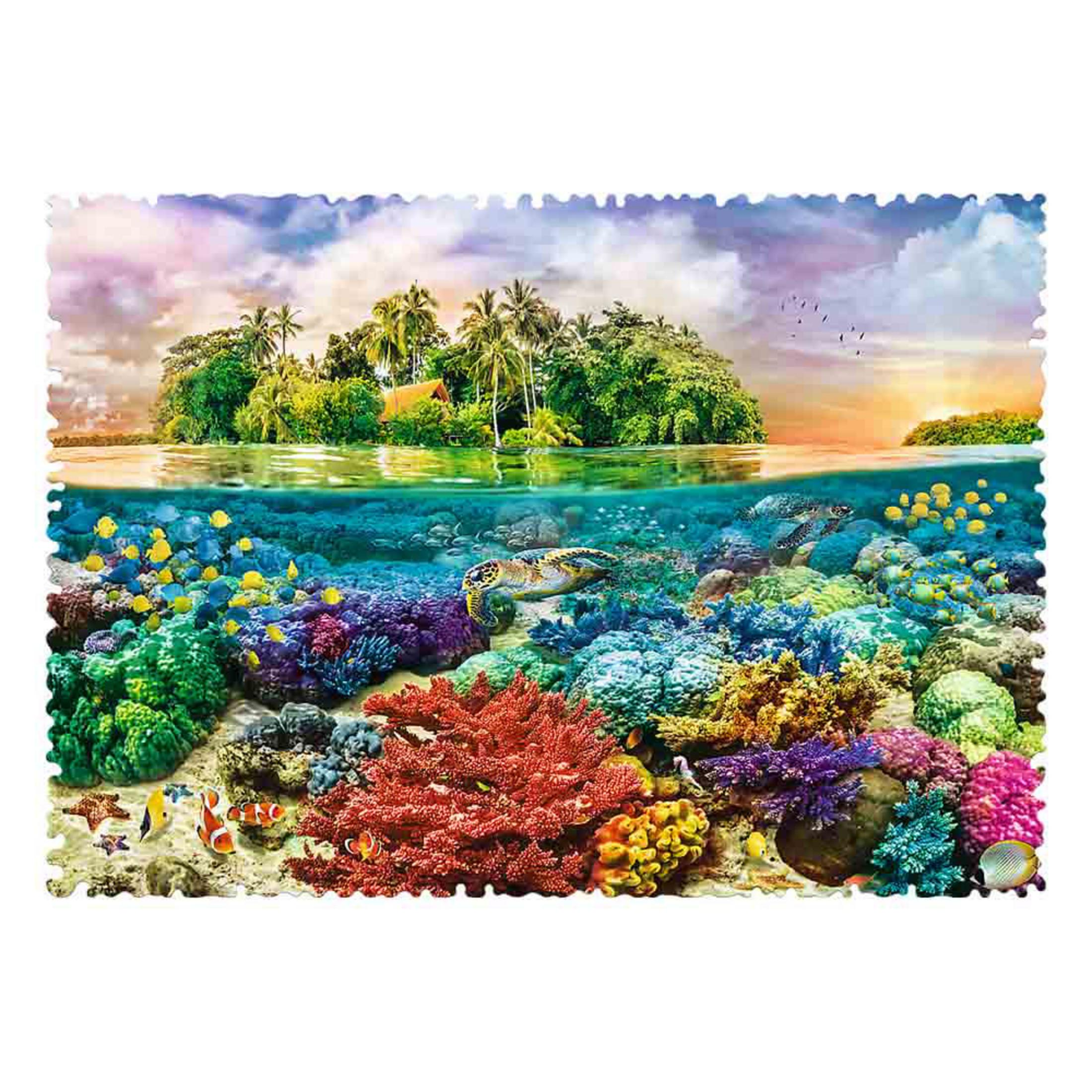 Isla tropical con vibrante arrecife de coral, peces y tortugas marinas.
