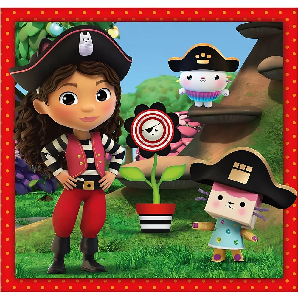 Una ragazza e due gatti in costume da pirata si trovano in un giardino colorato.