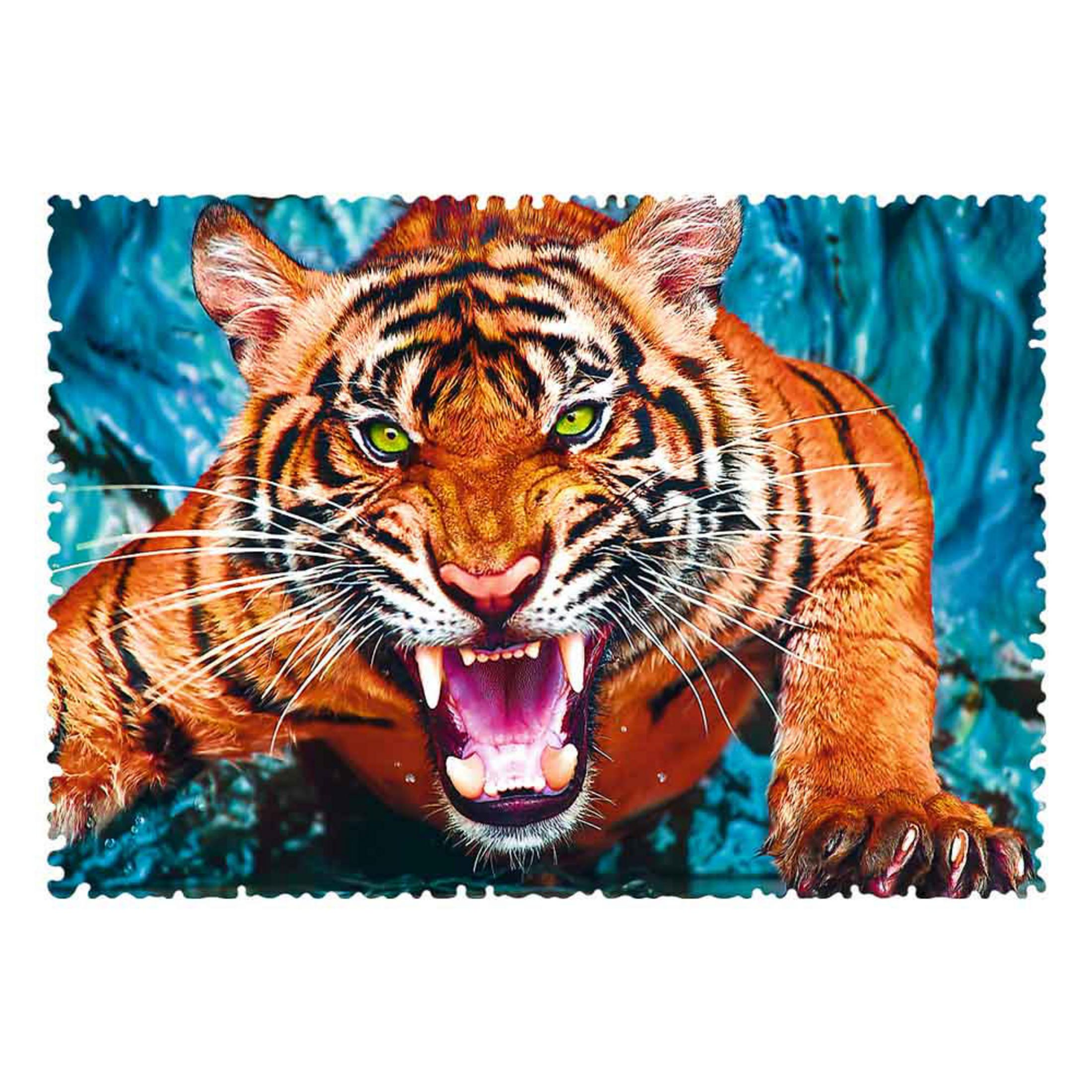 Un tigre gronde, dents découvertes et yeux verts, sur fond bleu.