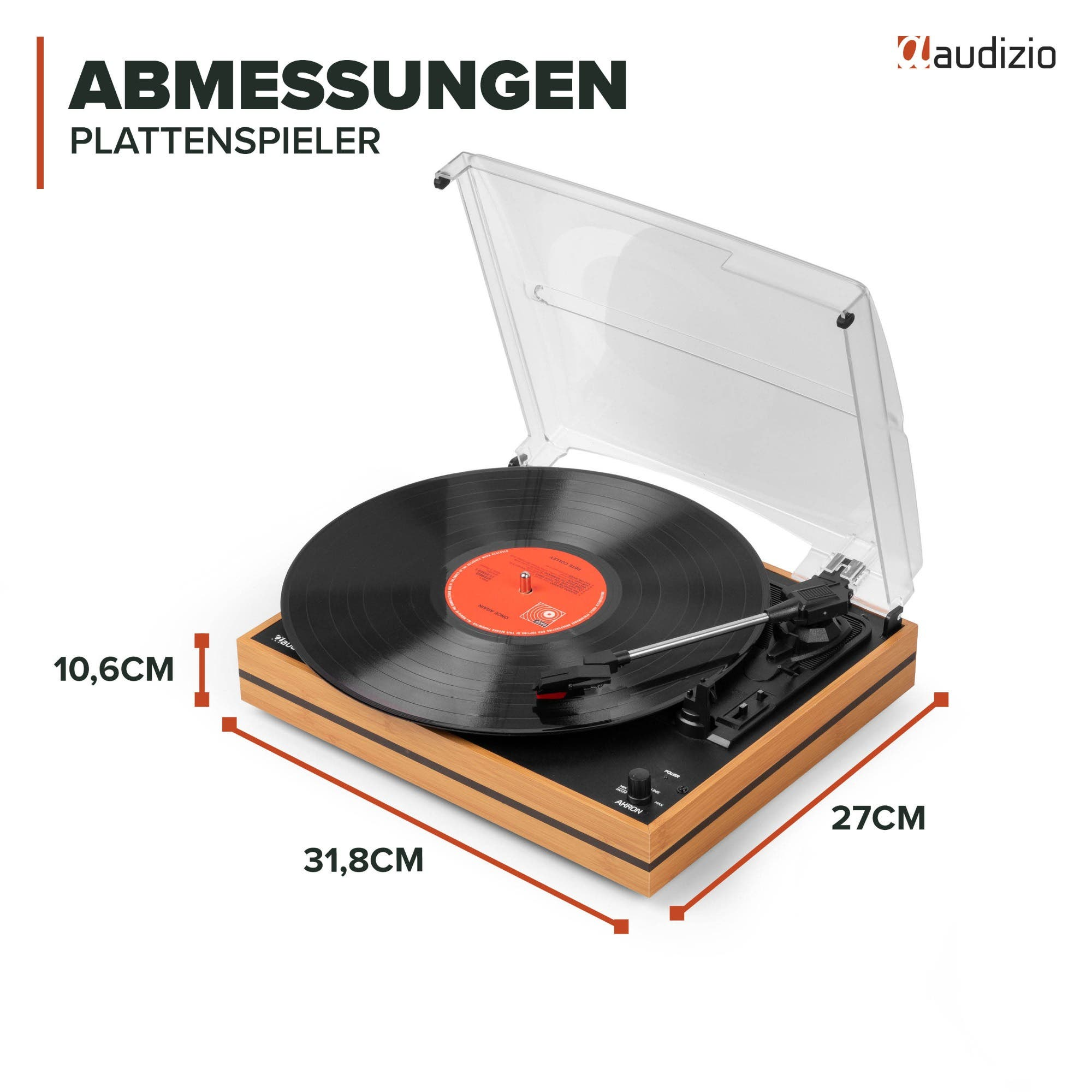 Tocadiscos de madera con tapa abierta, dimensiones 31,8x27x10,6 cm.