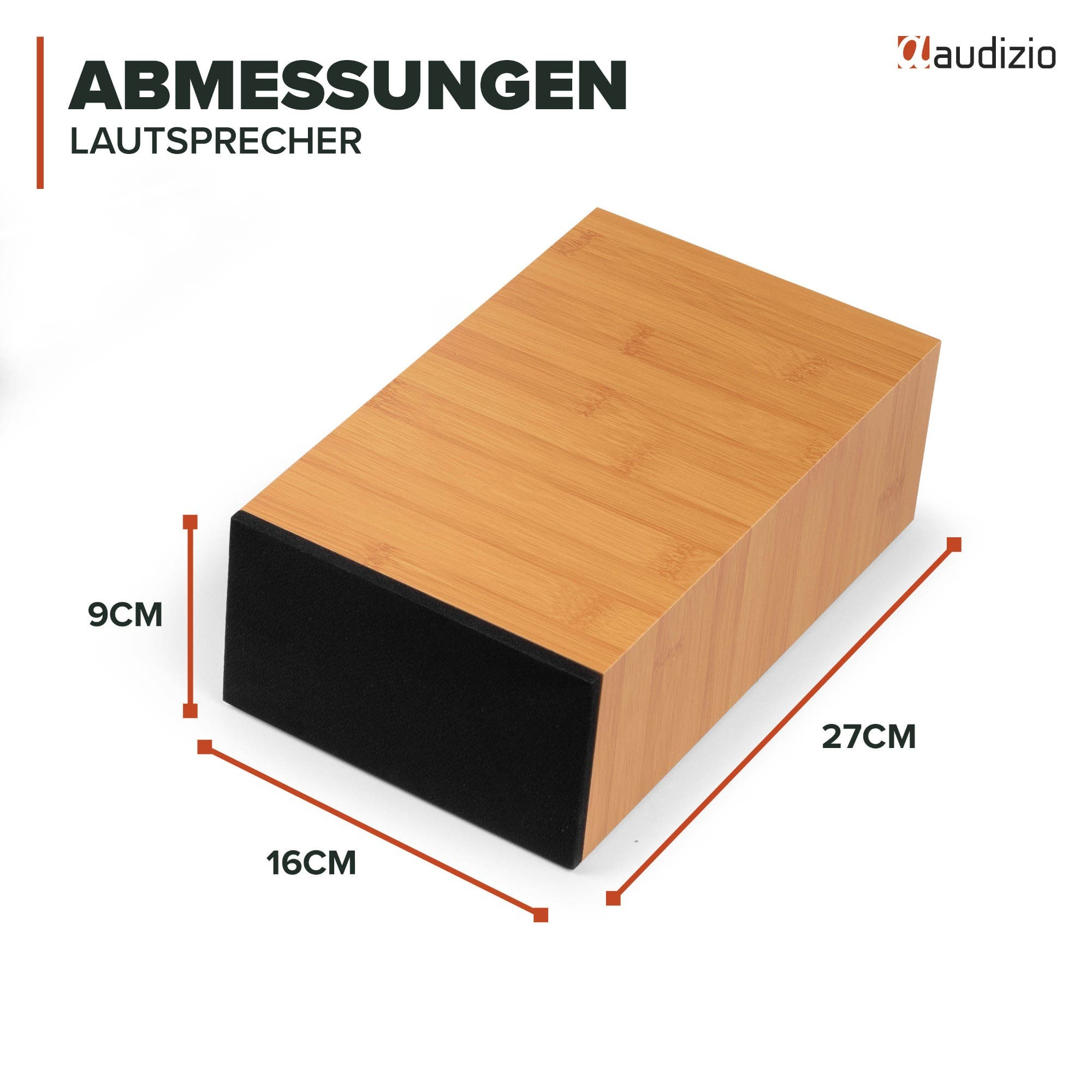 Altavoz rectangular de madera con extremos de tela negra, dimensiones: 9 cm de alto, 16 cm de ancho y 27 cm de fondo.
