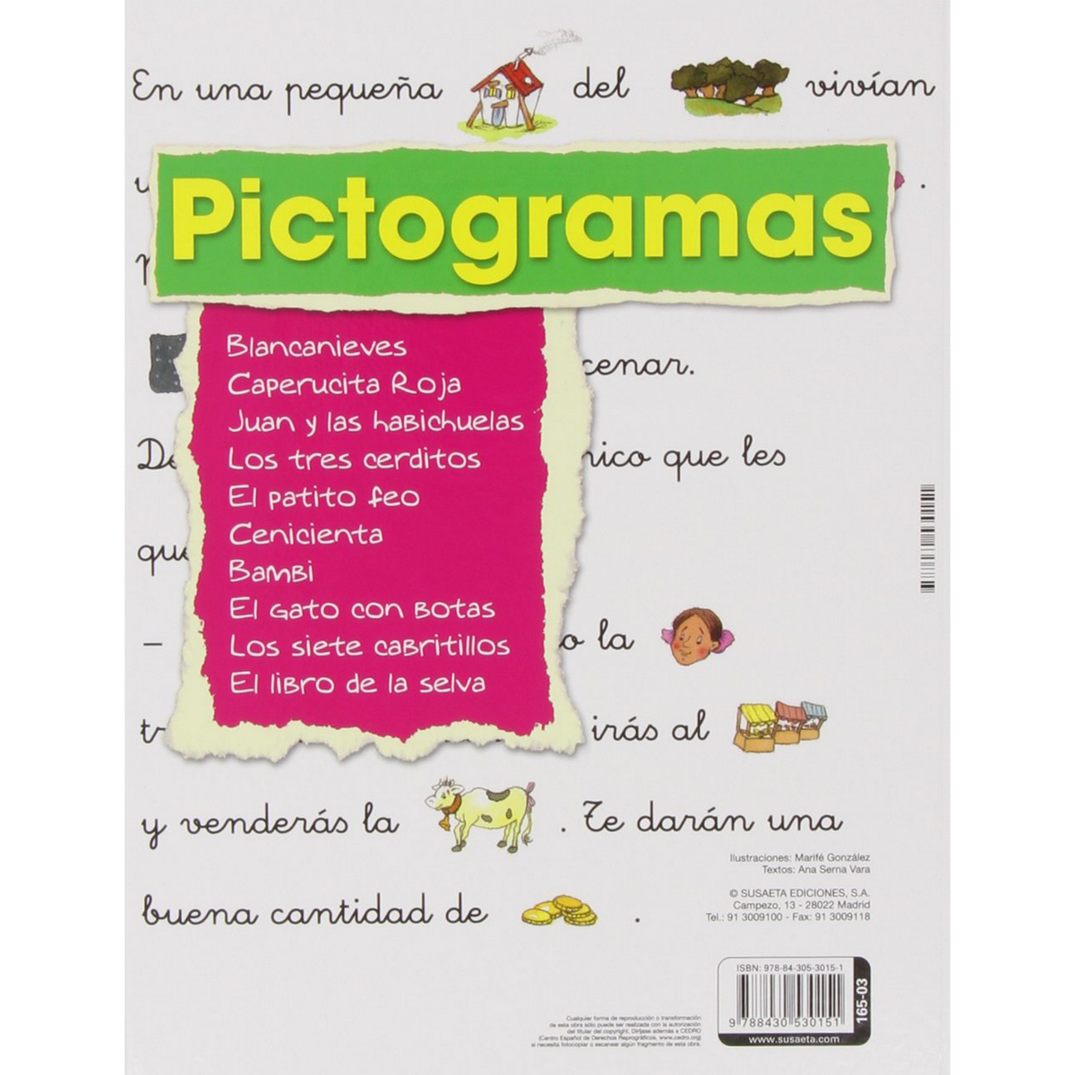 Una portada de libro con el título "Pictogramas", una lista de cuentos y pequeñas ilustraciones.