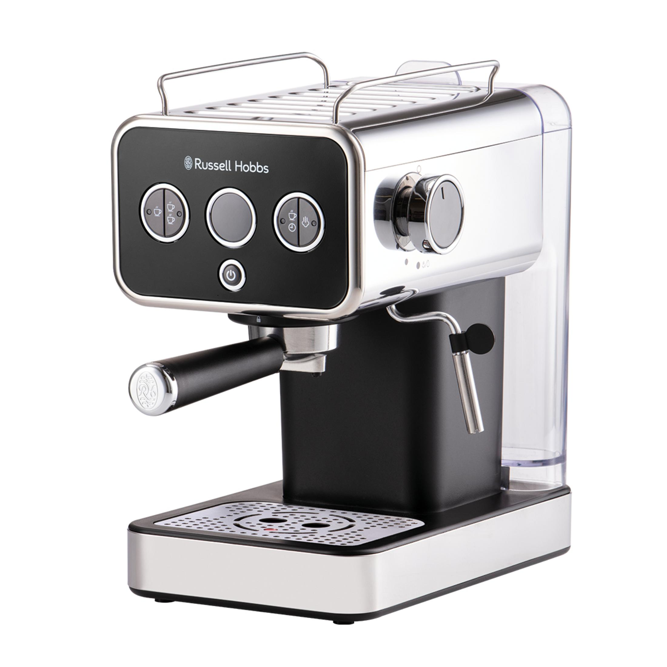 Eine silber-schwarze Russell Hobbs Espressomaschine mit Dampfdüse und Wassertank.
