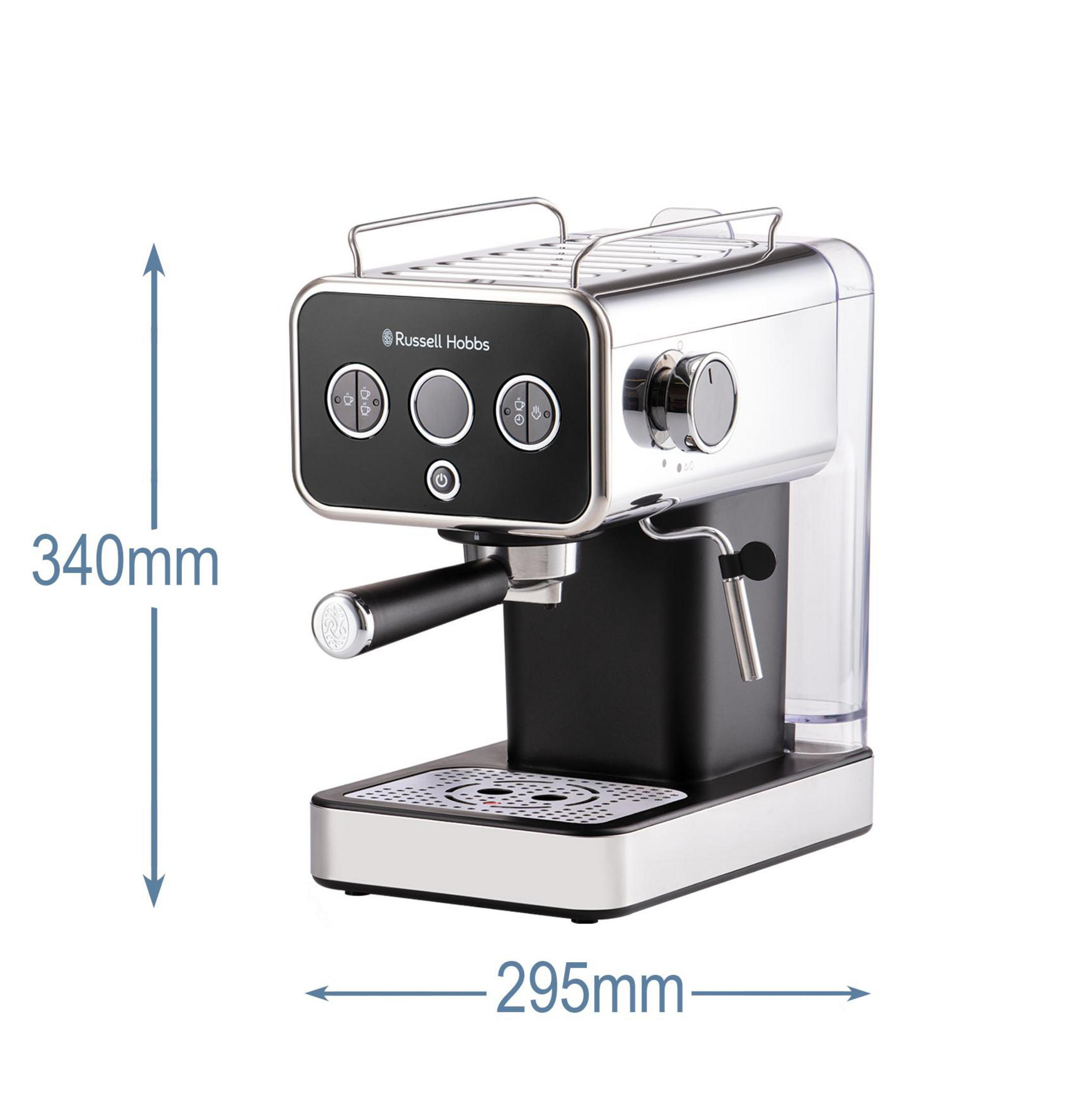Edelstahl-Espressomaschine von Russell Hobbs mit Wassertank, Brühgruppe und Maßangaben in Millimetern.