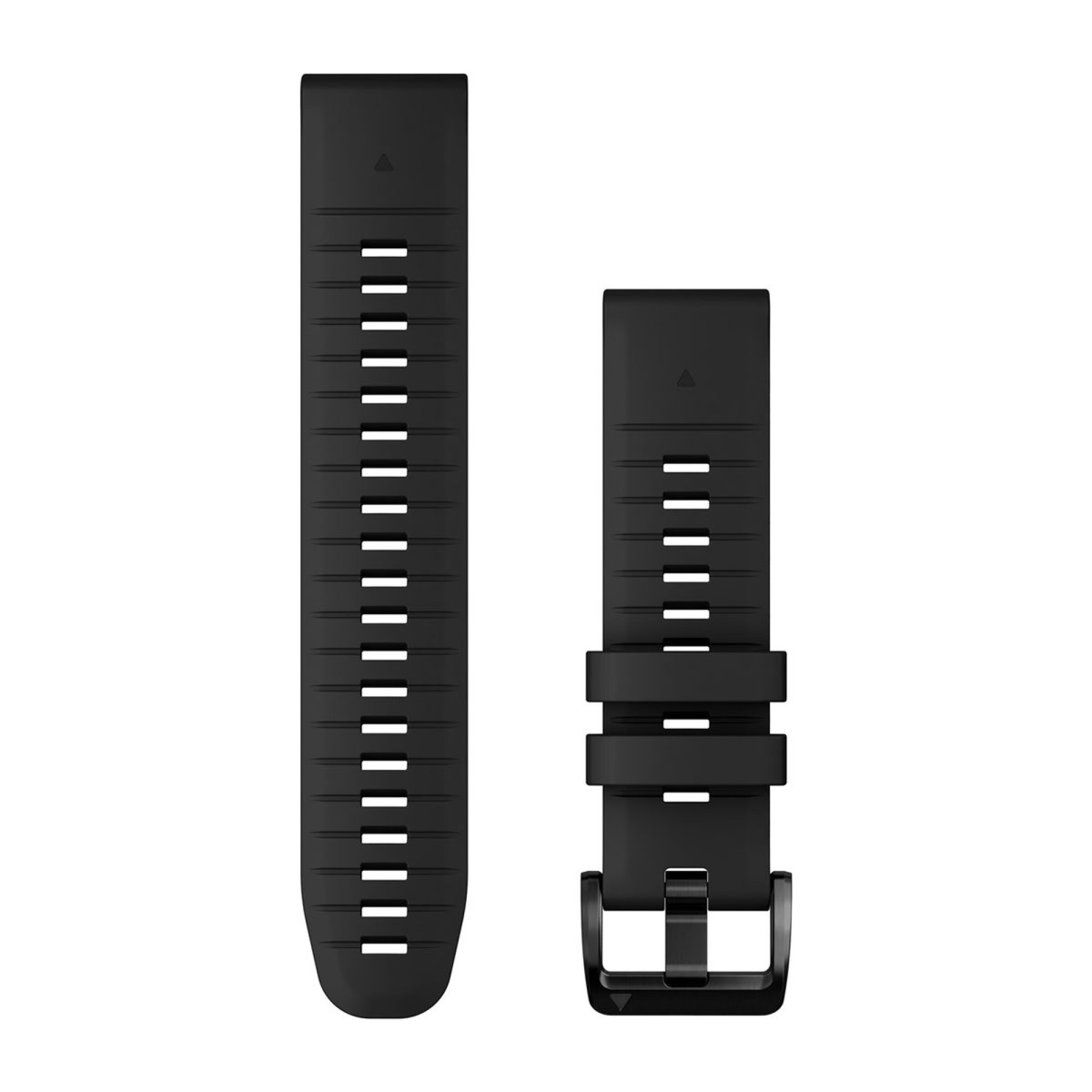 Dos piezas de correa de reloj de silicona negra dispuestas planas sobre fondo blanco.