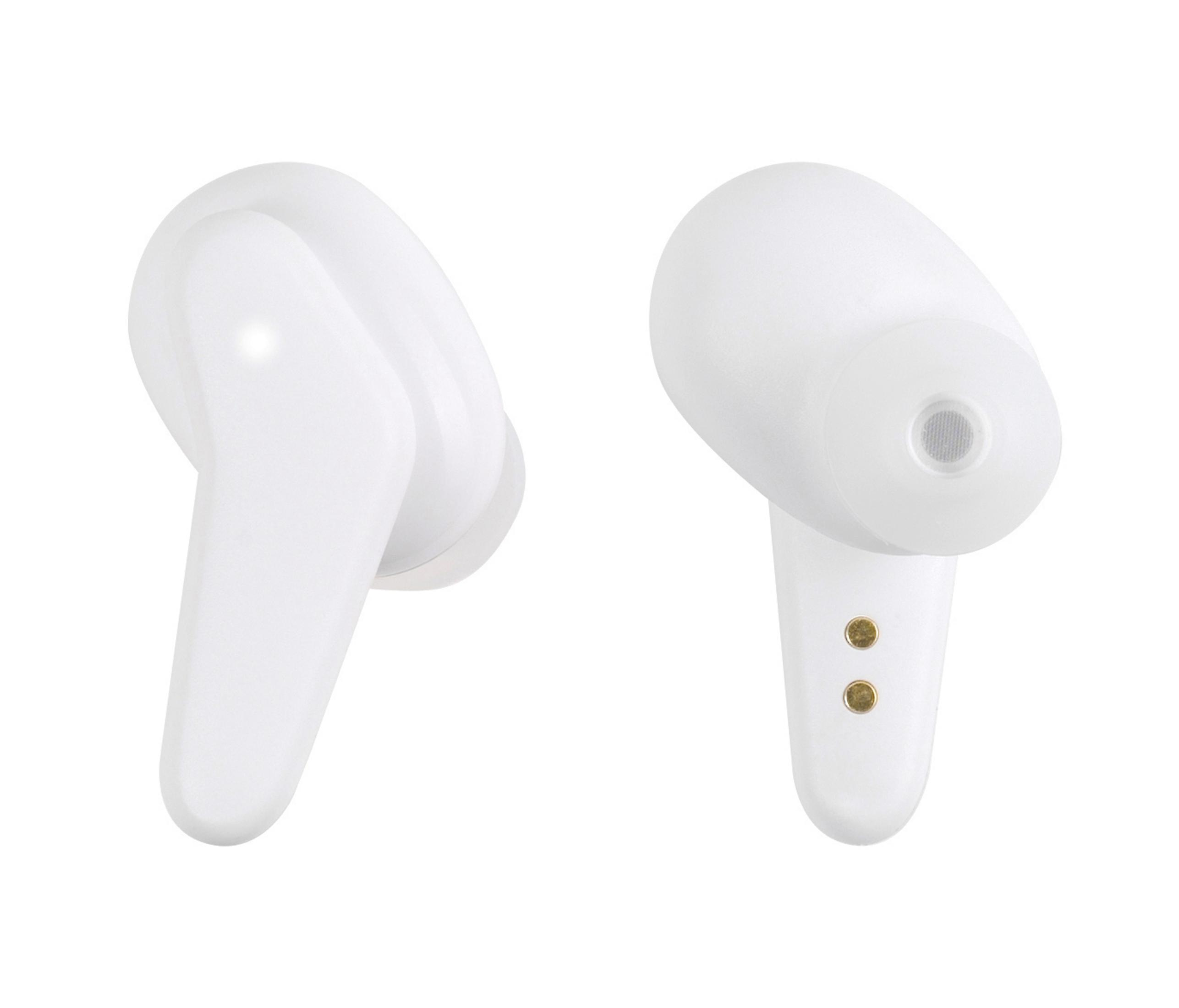 Dos auriculares inalámbricos blancos con vástagos sobre fondo blanco.