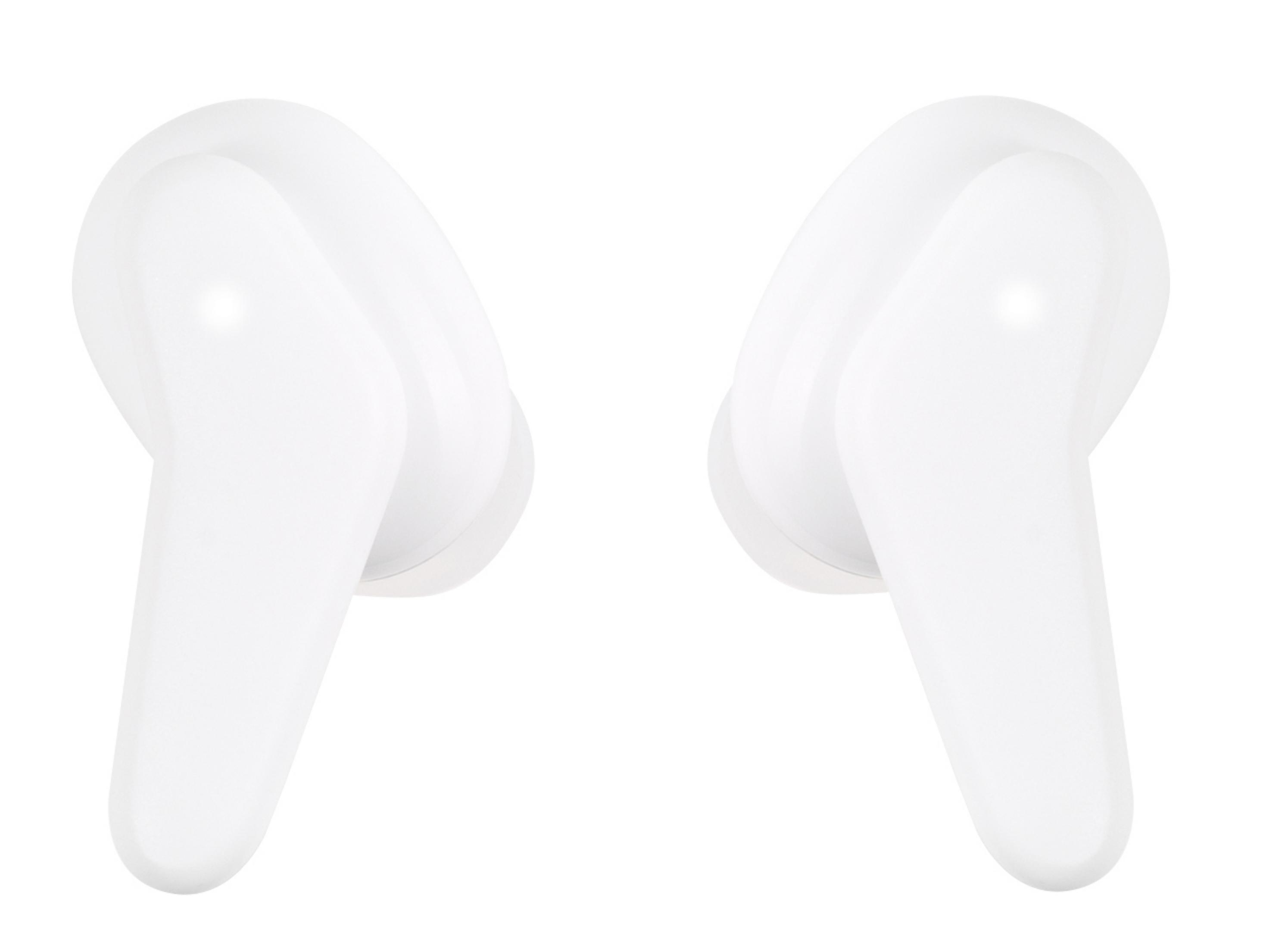 Dos auriculares inalámbricos blancos sobre un fondo blanco.