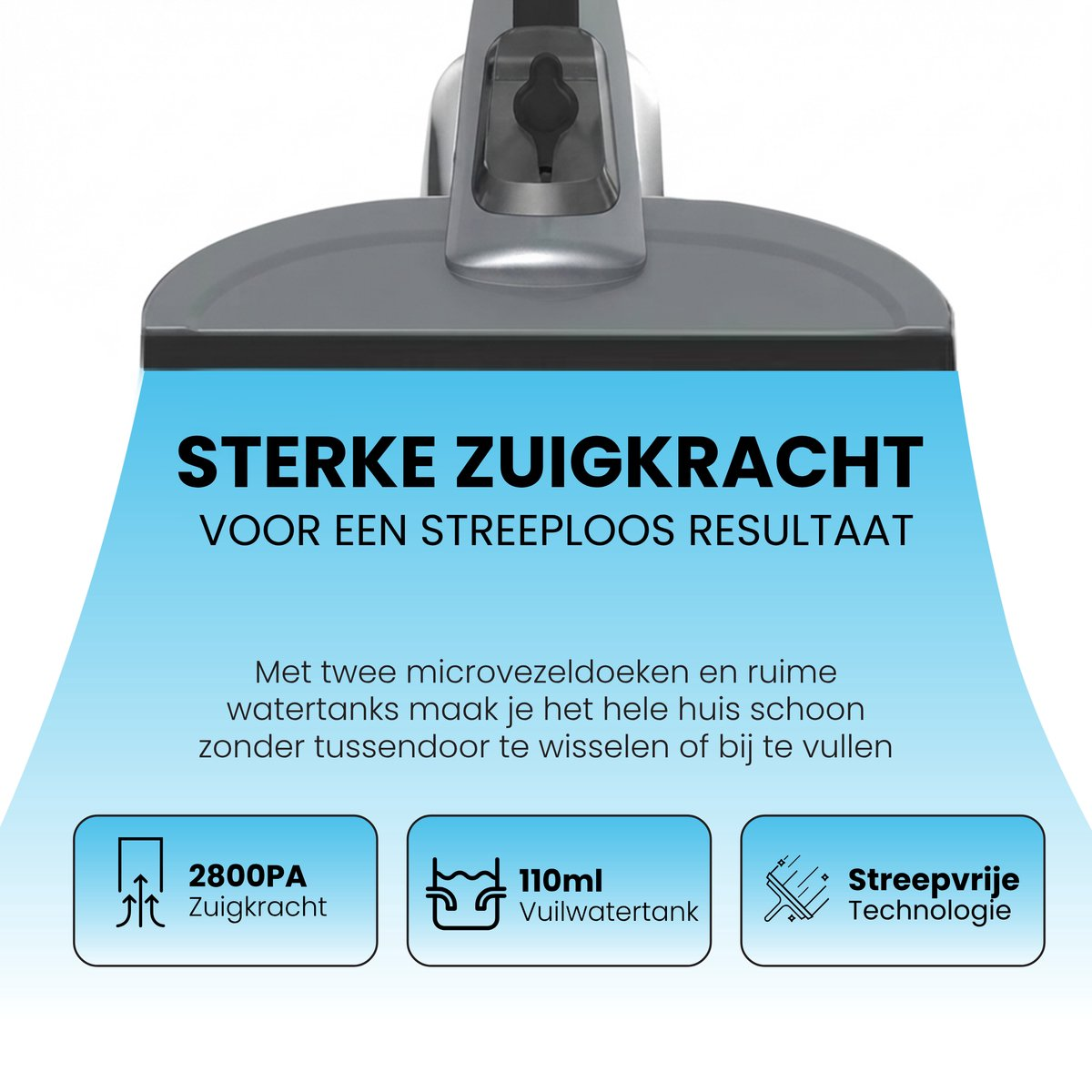 Grafica di un aspirapolvere per vetri con testo in olandese, aspirazione 2800PA, serbatoio 110ml.