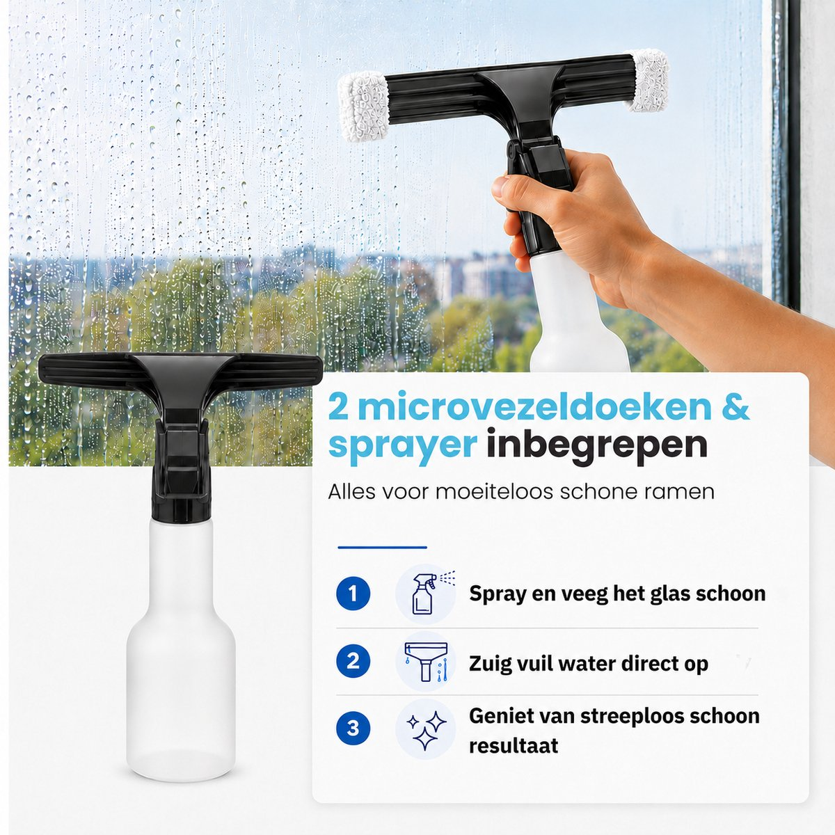 Una mano regge un tergivetri con flacone spray, pulendo un vetro bagnato con sfondo sfocato.