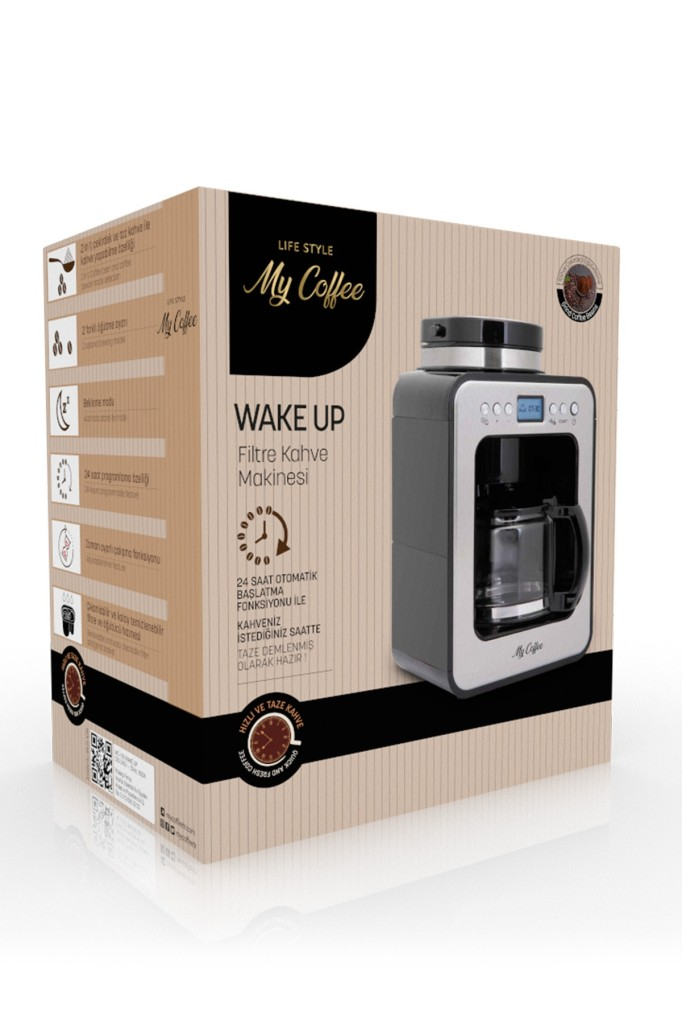 My Coffee Wake Up filtre kahve makinesi kutusu, ürün fotoğrafı ve özelliklerle.
