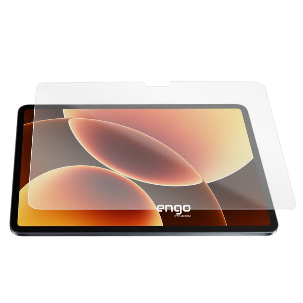 Beyaz arka planda renkli soyut bir duvar kağıdı gösteren tabletin üzerinde duran şeffaf ekran koruyucu.