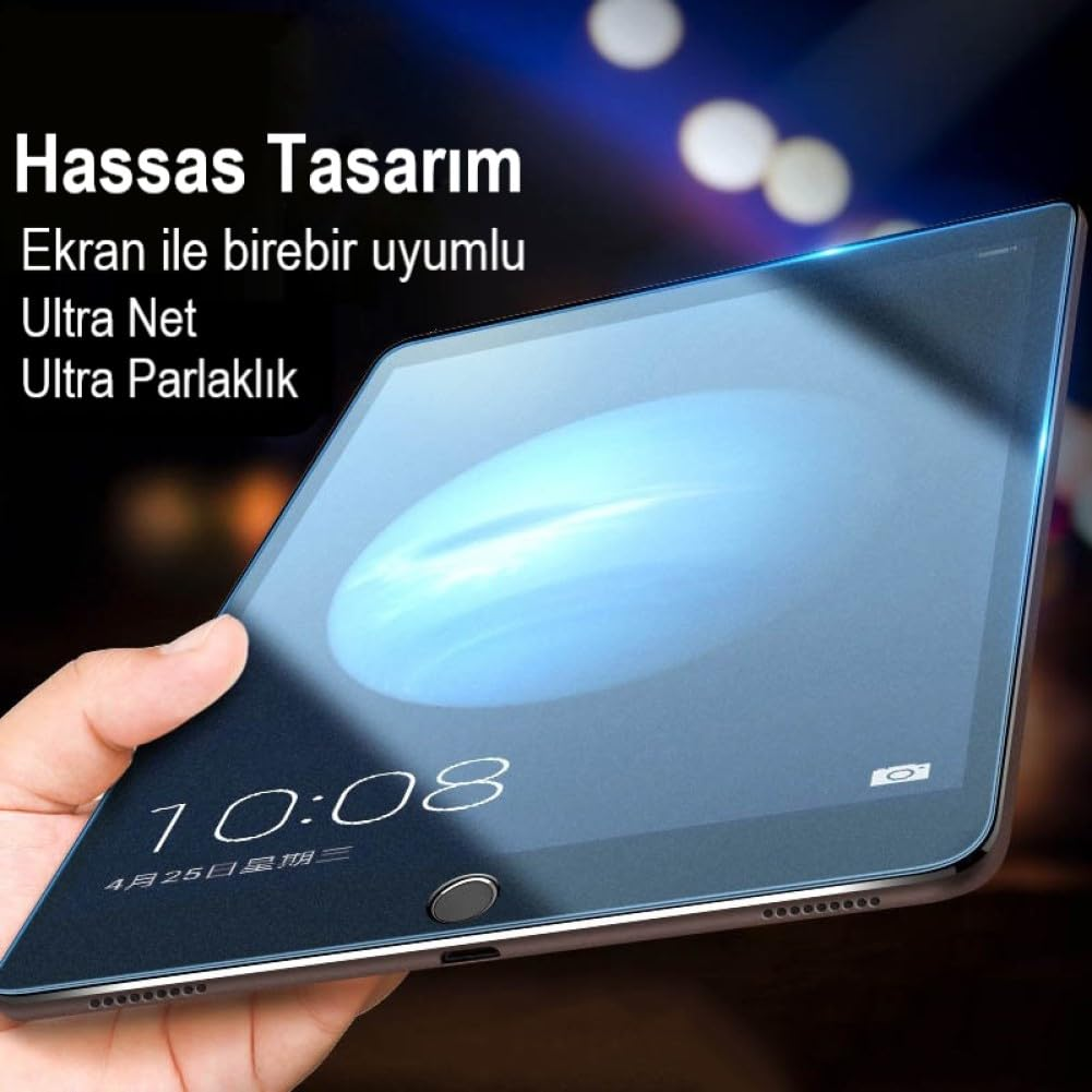Türkçe metin içeren, elde tutulan ekran koruyuculu tablet.