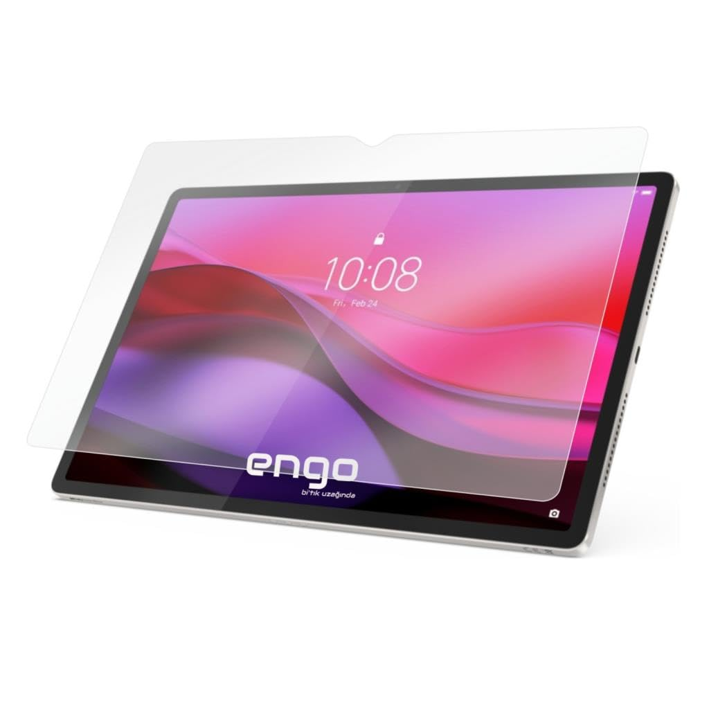 Renkli ekranının üzerinde hafifçe kaldırılmış şeffaf bir ekran koruyucu bulunan bir tablet.
