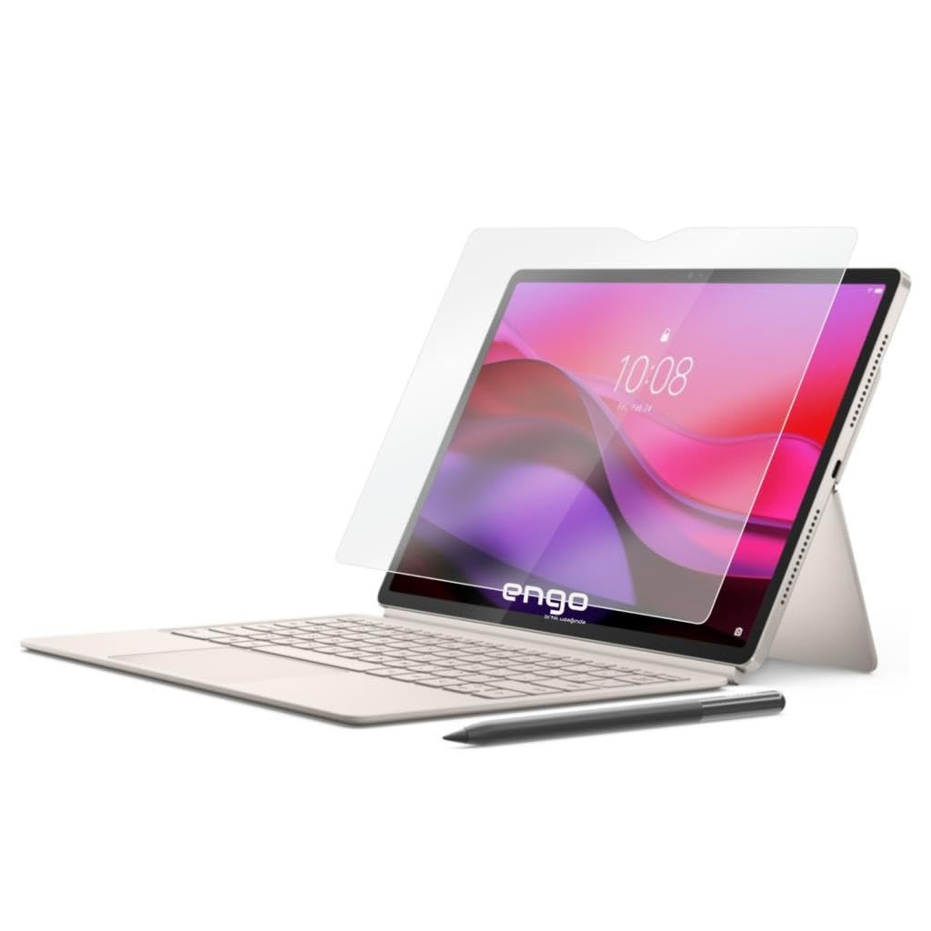 Beyaz arka planda klavye, kalem ve koruyucu ekran filmine sahip bir tablet.