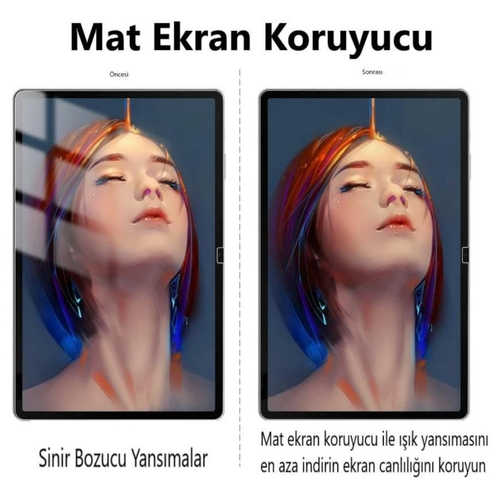 Mat ekran koruyucu ile ışık yansımasının azaldığını gösteren iki tabletin karşılaştırması.