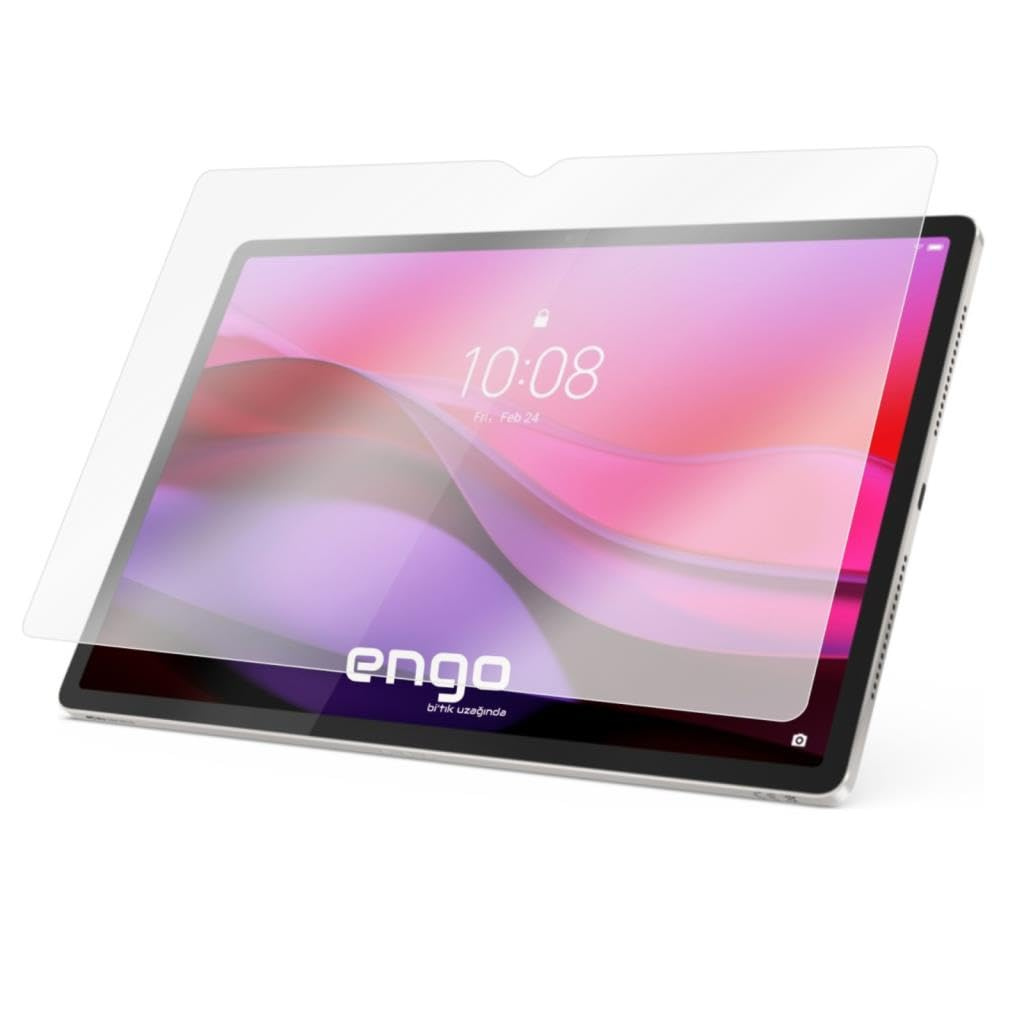 Beyaz arka planda renkli ekranında ekran koruyucu ve Engo logosu olan bir tablet.