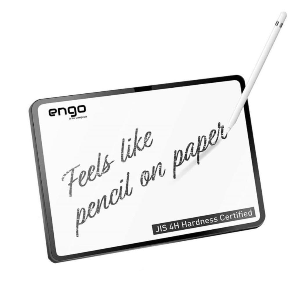 Üzerinde 'Feels like pencil on paper' yazısı olan bir tablet ve beyaz arka planda bir stylus kalem.