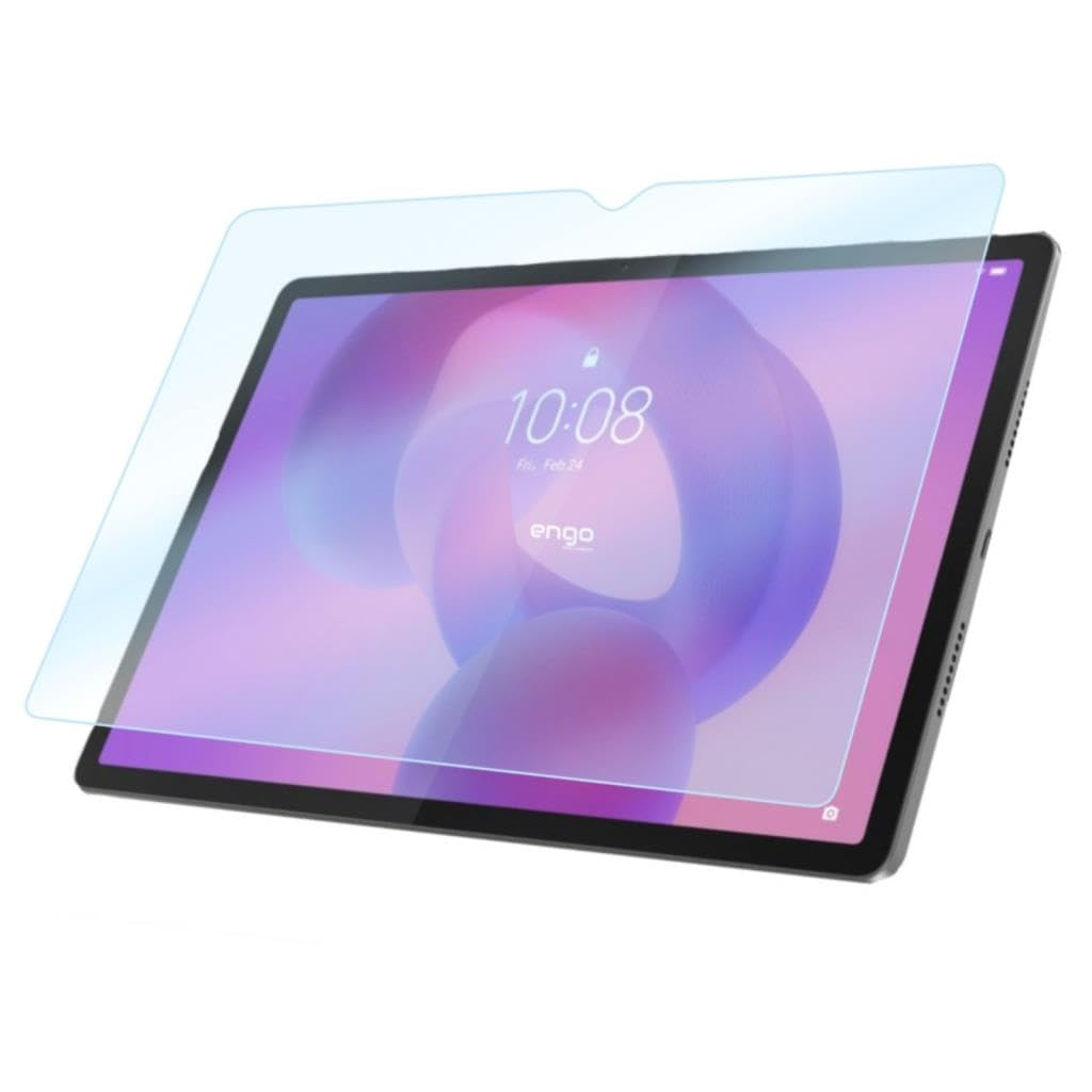 Beyaz arkaplanda, üzerinde hafifçe süzülen şeffaf cam ekran koruyuculu bir tablet.