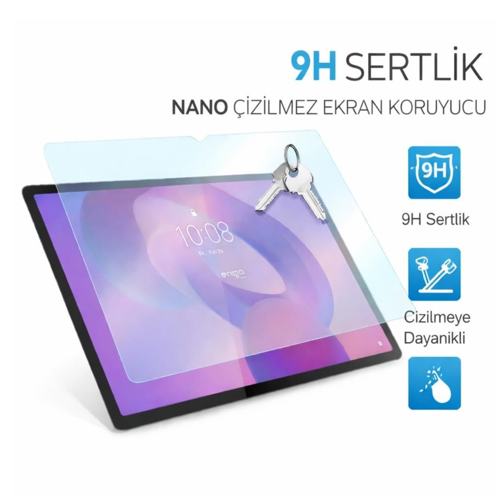 Üzerinde şeffaf ekran koruyucu ve anahtarlar bulunan bir tablet, sertlik ve çizilmeye dayanıklılık ikonlarıyla.