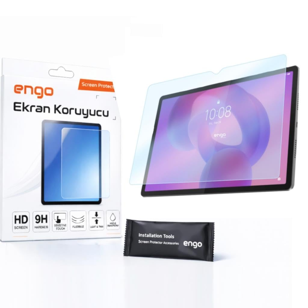 Beyaz arka planda Engo ekran koruyucu kutusu, cam filmli tablet ve kurulum seti.