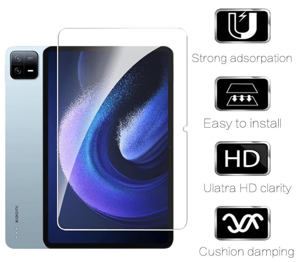 Ekran koruyuculu tablet ve güçlü adsorpsiyon, kolay kurulum, HD netlik ve yastıklama sönümlemesi gösteren dört simge.