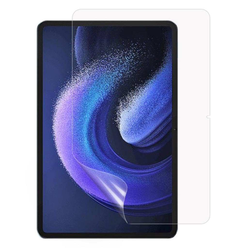 Mavi girdap arkaplanına sahip bir tablet ve kısmen soyulmuş bir ekran koruyucu.