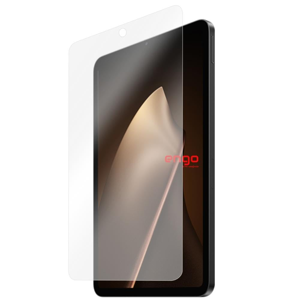 Önünde hafifçe kaldırılmış şekilde konumlandırılmış şeffaf ekran koruyucu cam bulunan bir tablet.