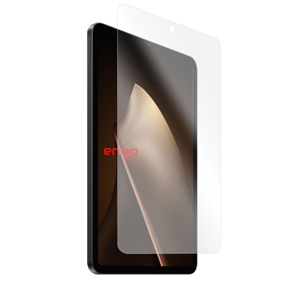 Üzerinde hafifçe konumlandırılmış şeffaf cam ekran koruyuculu bir tablet.