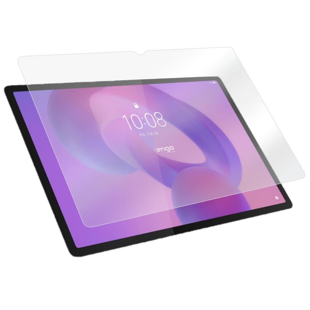 Mor ekranlı bir tablet ve üzerinde şeffaf bir ekran koruyucu.