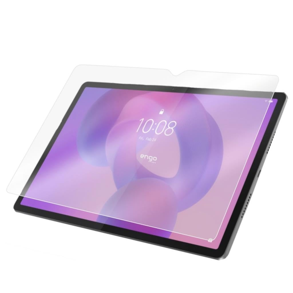 Ekranında şeffaf koruyucu cam film olan bir tablet, mor arka plan önünde 10:08 saatini gösteriyor.