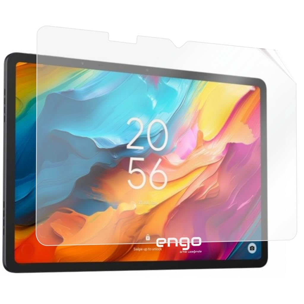 Renkli ekrana sahip bir tablet ve üzerinde kısmen kaldırılmış şeffaf bir ekran koruyucu.