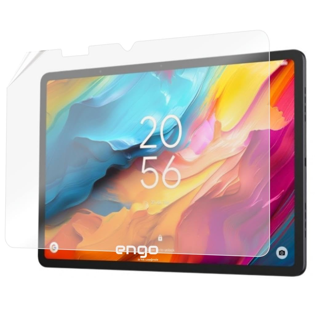 Renkli arka plana sahip bir tablet ve üzerinde kısmen duran şeffaf bir ekran koruyucu.