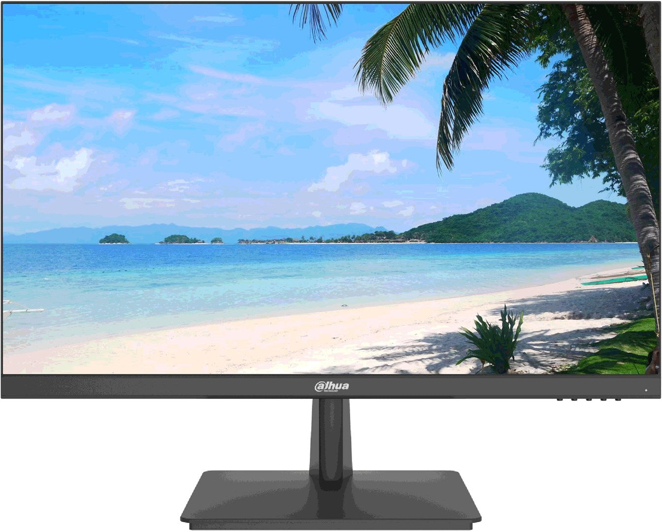 Een zwarte monitor toont een tropisch strandscène met palmbomen, blauwe zee en eilanden.