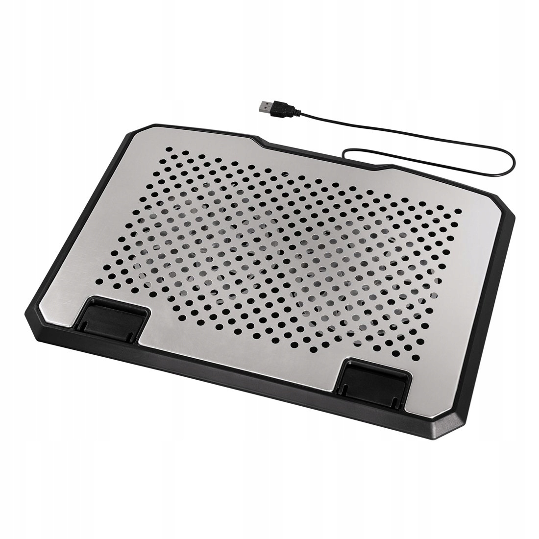 Ein silberner Laptop-Kühlständer mit schwarzen Rändern und einem angeschlossenen USB-Kabel.