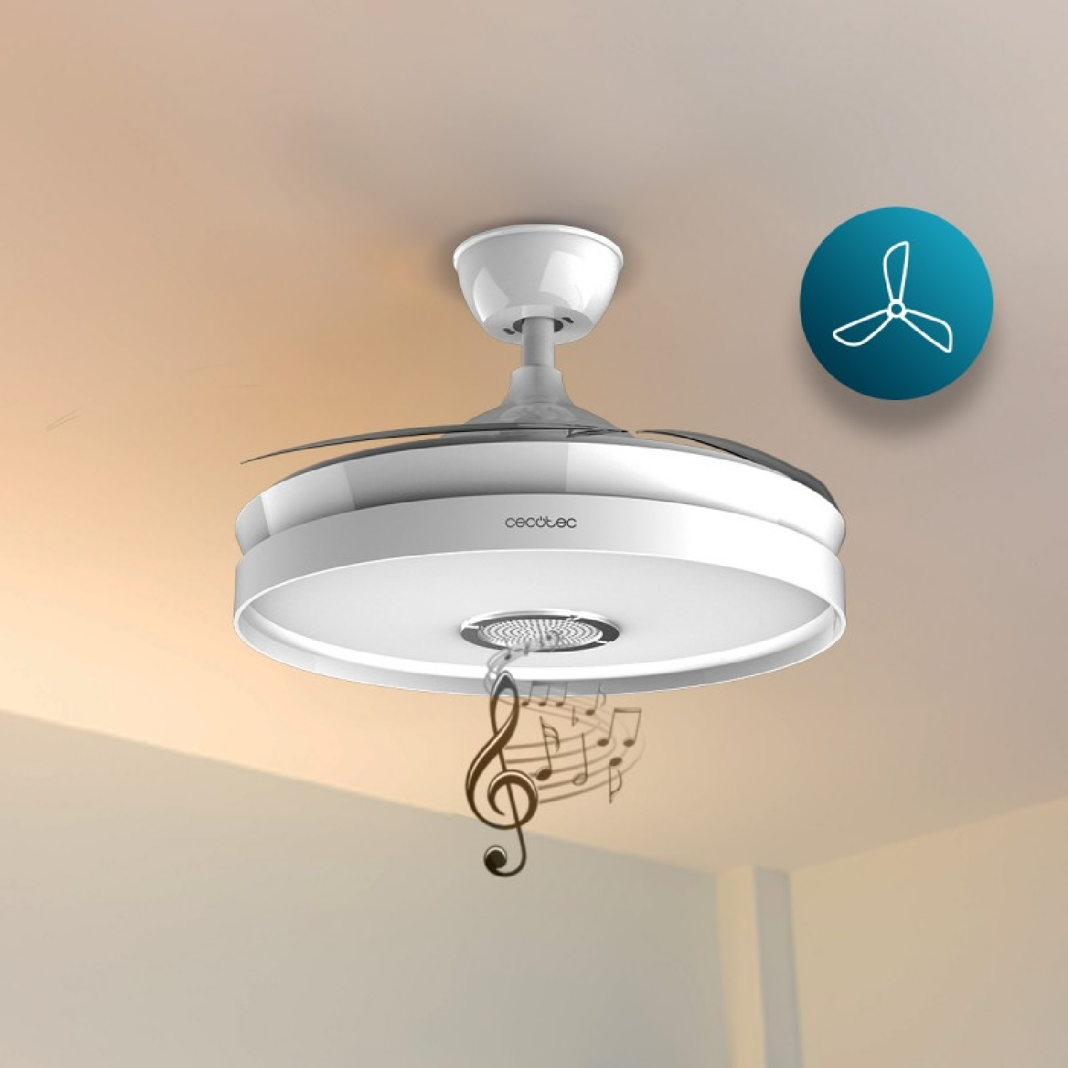 Ventilador de techo blanco con luz integrada y altavoz Bluetooth, mostrando notas musicales.