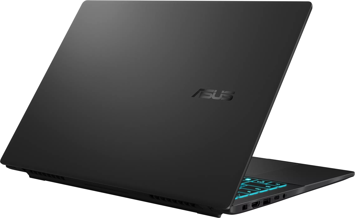 Beyaz zemin üzerinde kapalı ekranlı siyah Asus dizüstü bilgisayar, turkuaz klavye aydınlatması görünür.