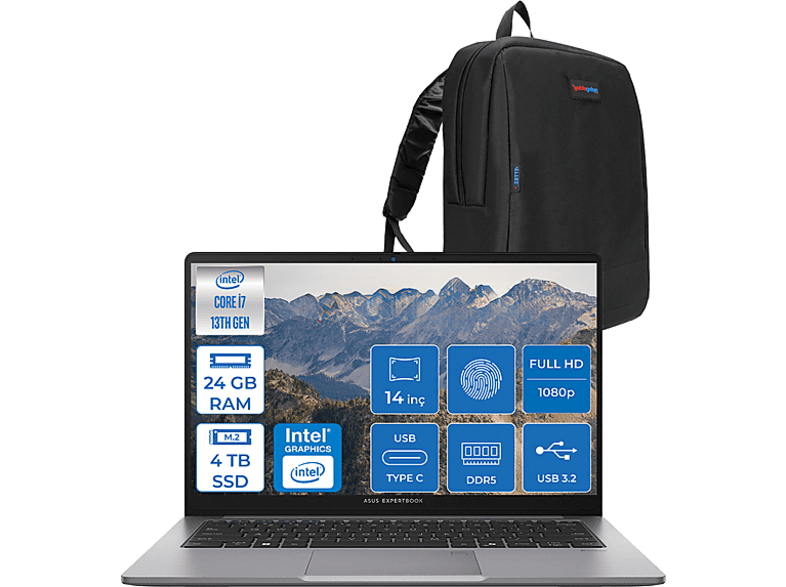 ASUS ExpertBook P1 WP1403CVAI716512G0D15 Intel Core i7-13620H 24 GB RAM 4 TB SSD 14 inç FreeDOS Laptop+Çanta Gri
