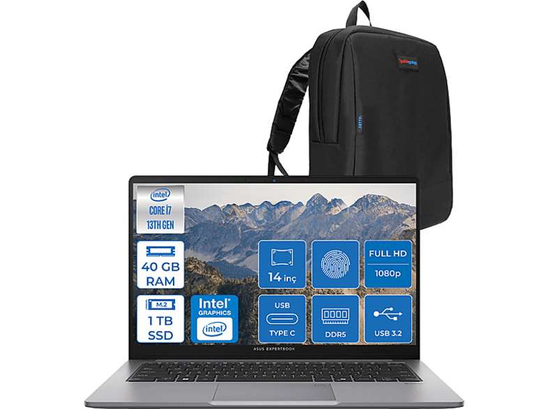 ASUS ExpertBook P1 WP1403CVAI716512G0D23 Intel Core i7-13620H 40 GB RAM 1 TB SSD 14 inç FreeDOS Laptop+Çanta Gri