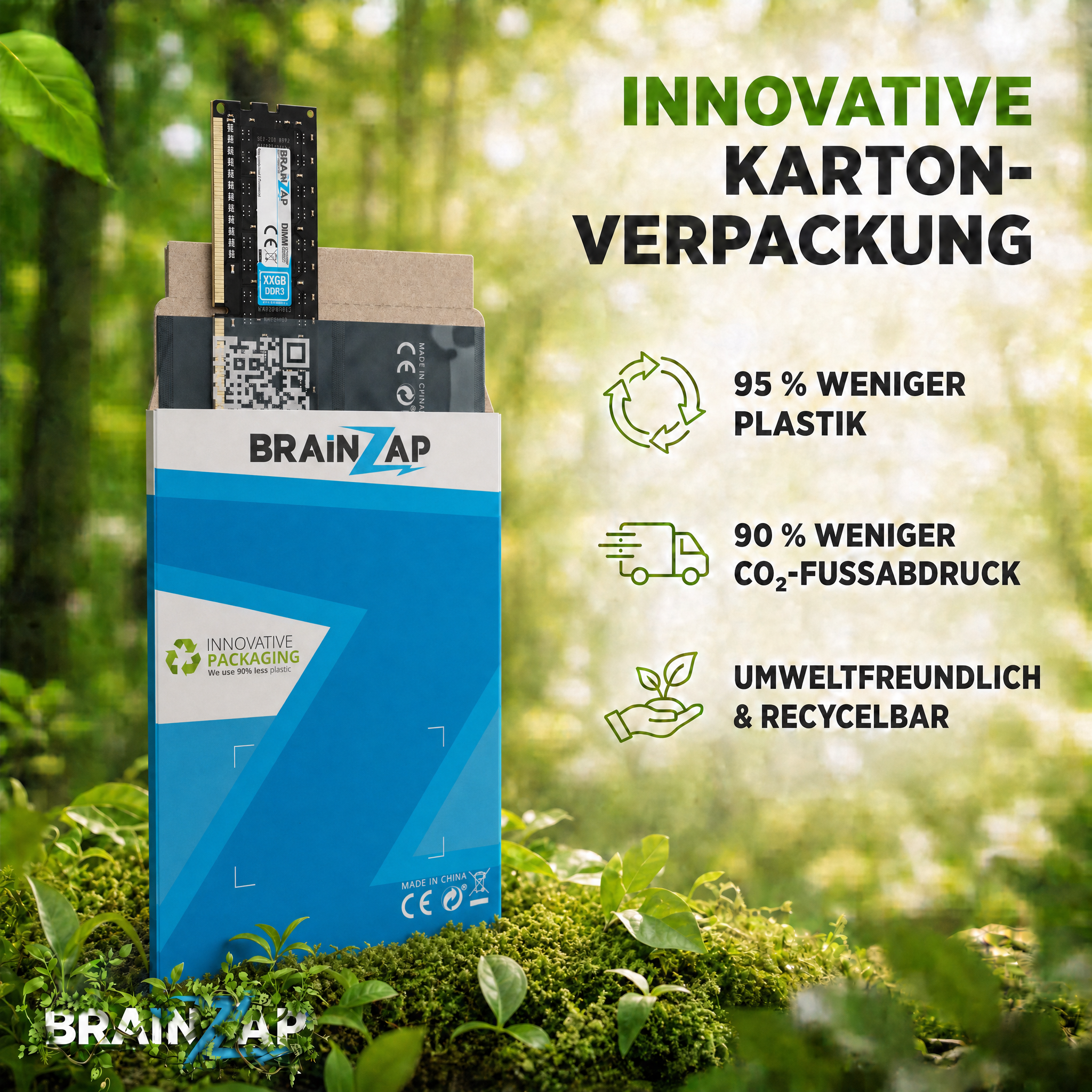 Produktverpackung aus Karton im Wald mit RAM-Riegeln und Nachhaltigkeitssymbolen.