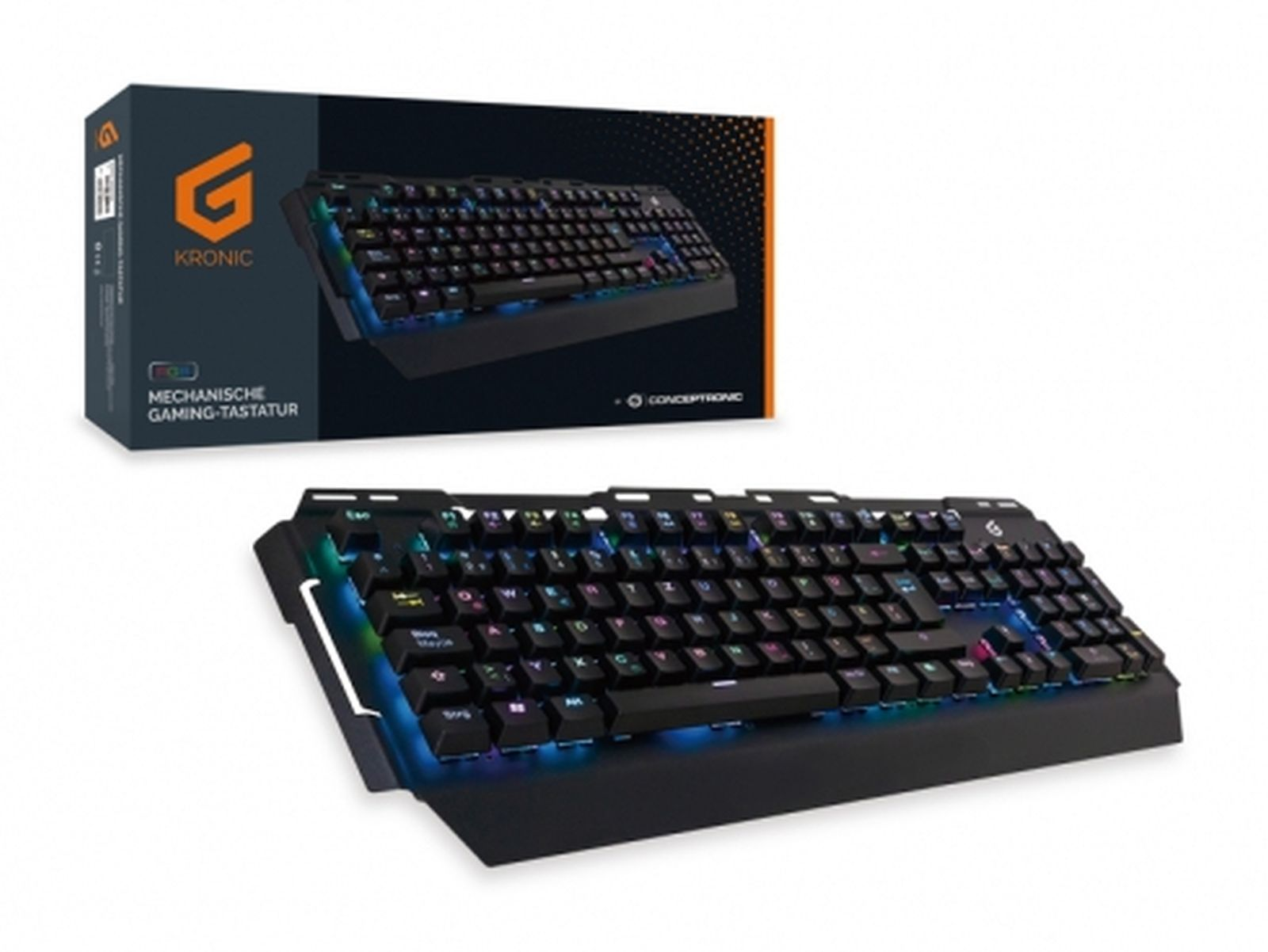 Una tastiera meccanica da gioco Kronic nera con retroilluminazione RGB mostrata con la sua scatola.