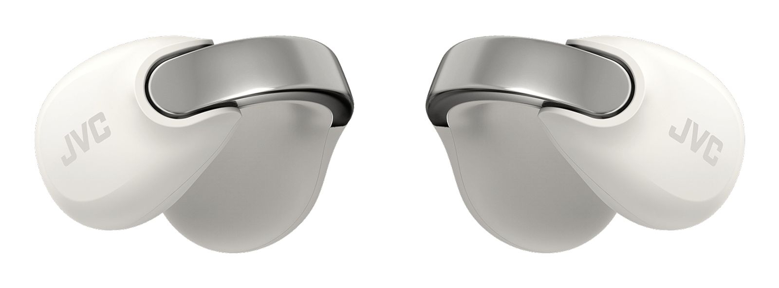 Dos auriculares blancos JVC con detalles plateados sobre fondo blanco.