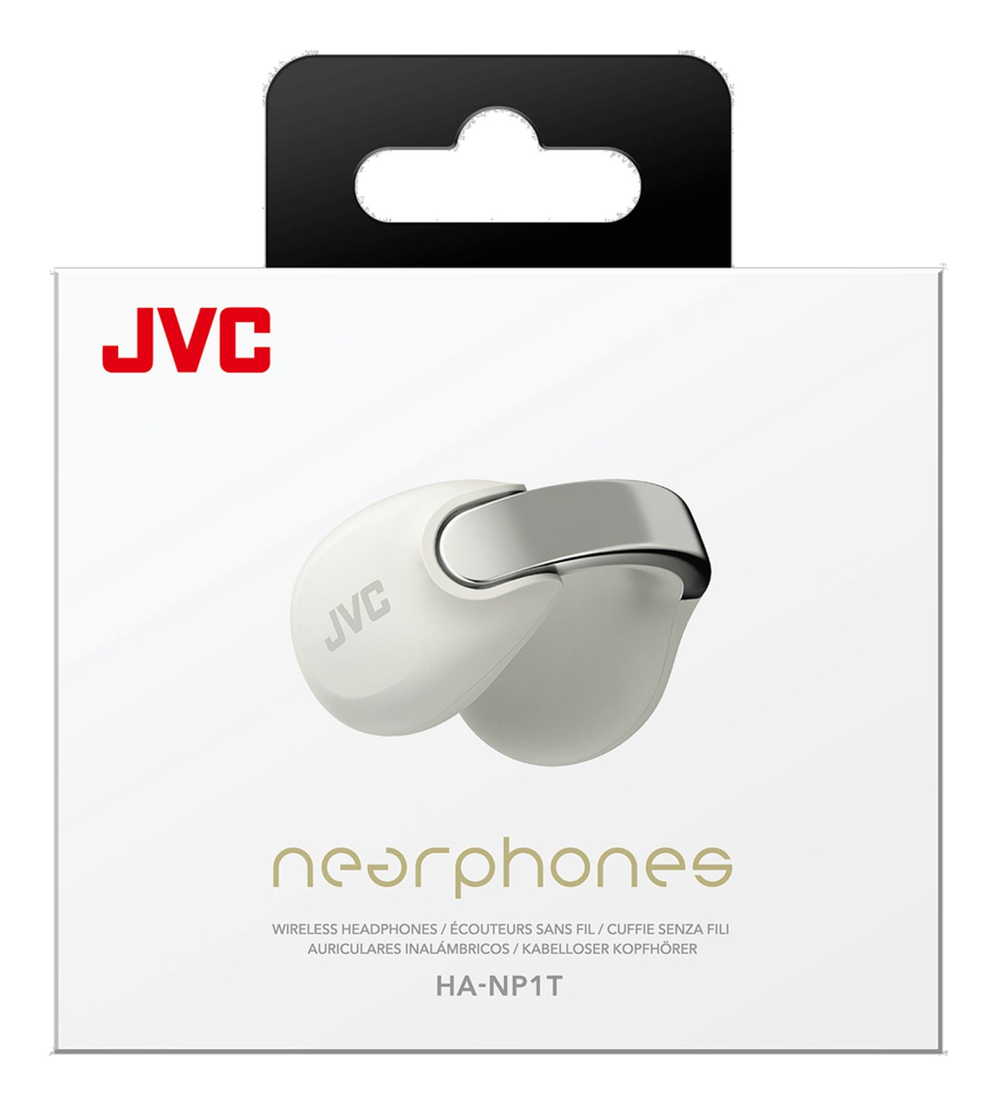 Auriculares inalámbricos JVC Nearphones en embalaje blanco.