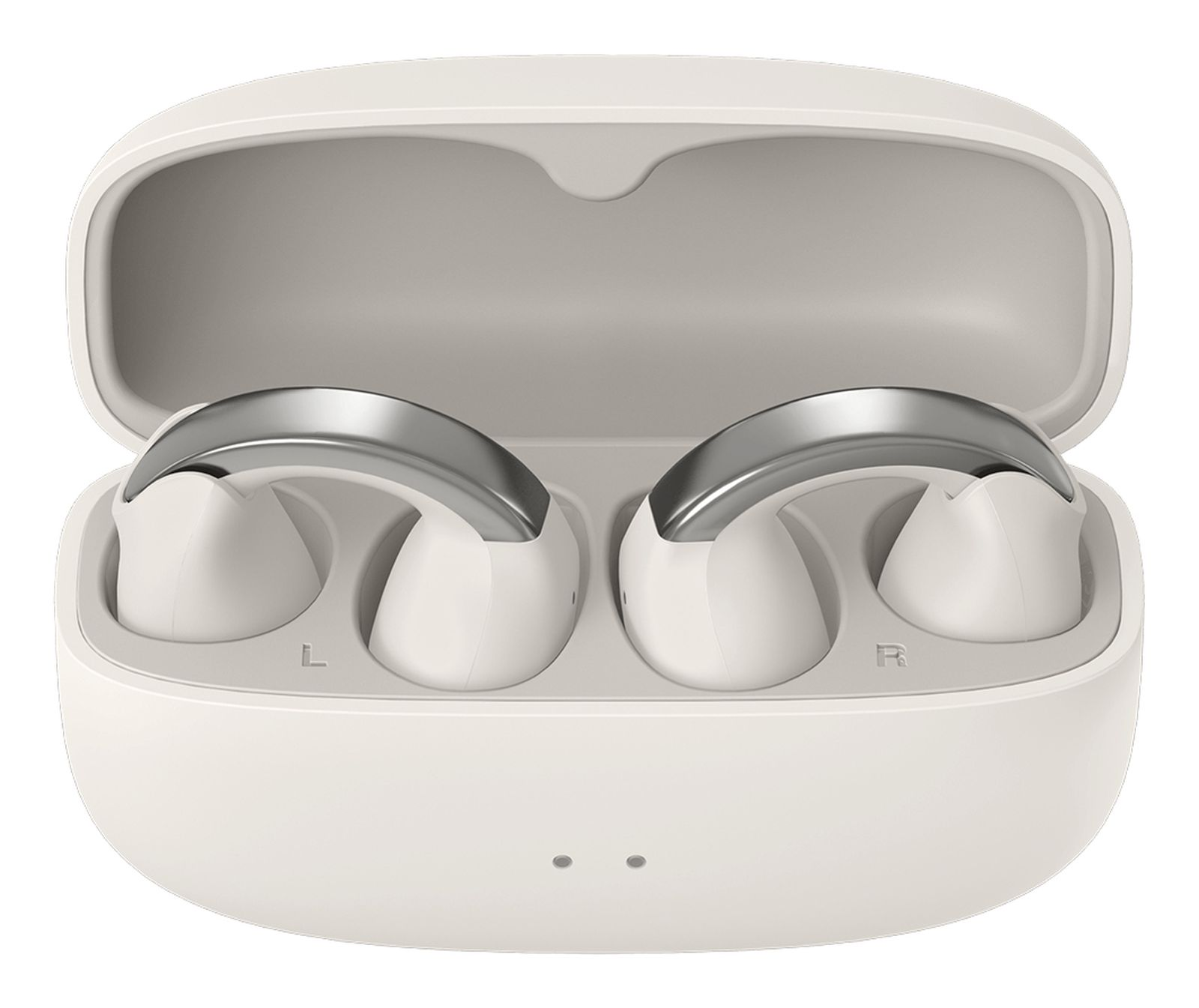Estuche de carga blanco abierto que contiene dos auriculares plateados y blancos.