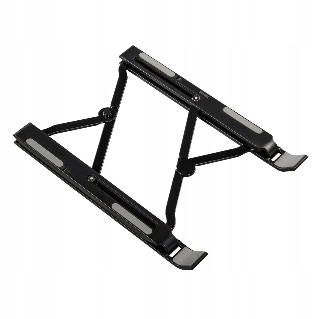 Un soporte para portátil de metal negro ajustable con almohadillas de goma antideslizantes.