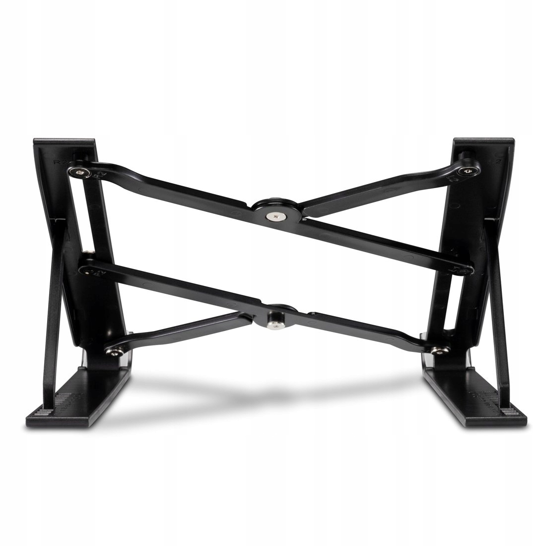 Un soporte para portátil negro ajustable con diseño de tijera cruzada sobre fondo blanco.
